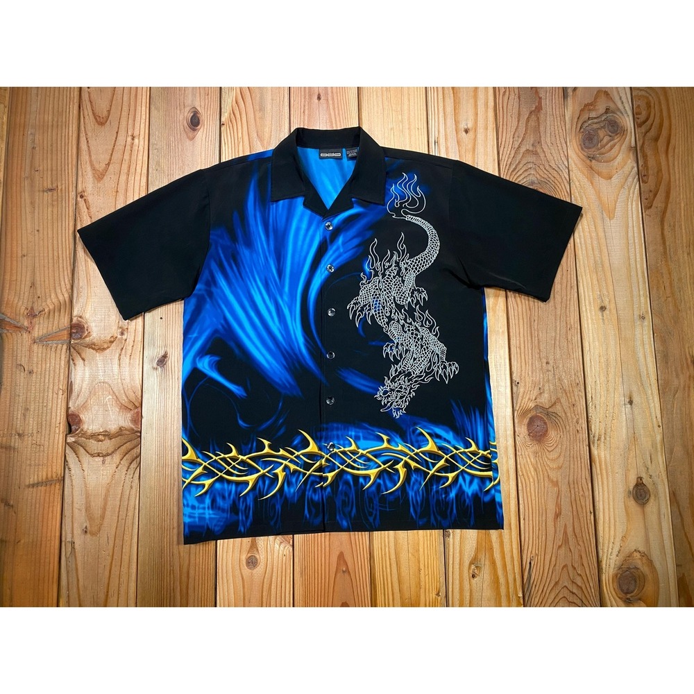 Vintage Y2k Odo Blue Flame Embroidered Dragon Tribal Button Up Shirt